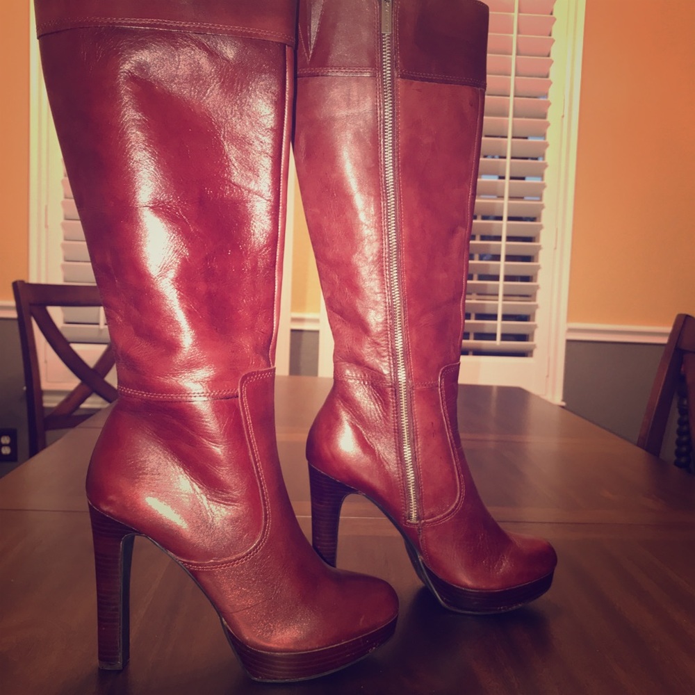 Red leather knee boots